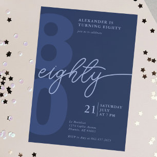 80th Birthday Modern Minimalist Navy  Invitation