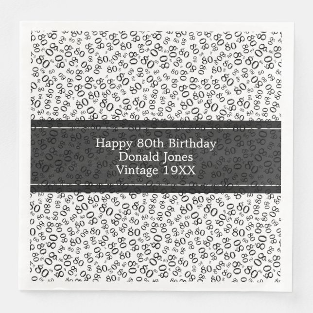 80th Birthday Modern Number Pattern Black/White Napkin (Front)