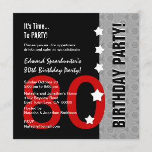 80th Birthday Modern Red Silver Black Funny D845F Invitation