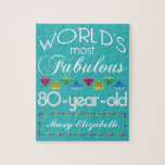 80th Birthday Most Fabulous Colourful Gem Jigsaw Puzzle<br><div class="desc">Celebrate the milestone birthday of your favourite senior citizen with this fun gift reminding them of how fabulous they are. White and grey lettering on deep turquoise background. Colourful diamond-cut gems in rainbow tones serve as accent. Customise with names, initials or other text. This series is in increments of 5...</div>