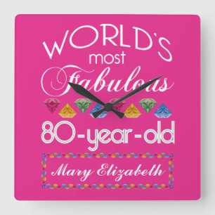 80th Birthday Most Fabulous Colourful Gems Pink Square Wall Clock