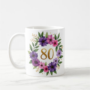 80th Birthday Mug – Floral Wreath with Gold Number