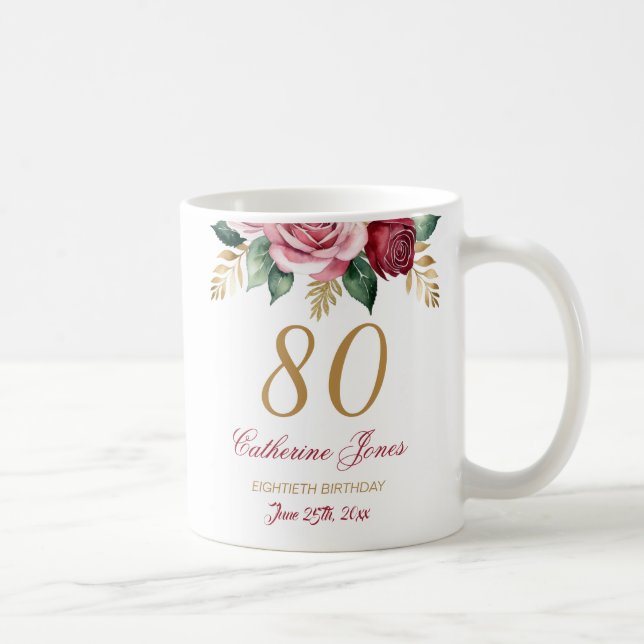 80th Birthday Mug for Grandma – Floral Custom Name (Right)