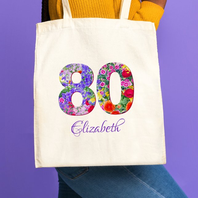 80th Birthday Mum Gift – Floral Name 80 Years Tote Bag (Creator Uploaded)