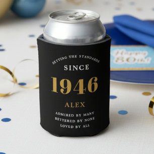 80th Birthday Name 1944 Black Gold Elegant Chic Can Cooler