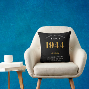 80th Birthday Name 1944 Black Gold Elegant Chic Cushion