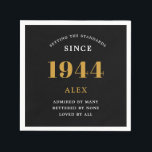 80th Birthday Name 1944 Black Gold Elegant Chic Napkin<br><div class="desc">Premium 80th Birthday Black and Gold Personalised Paper Napkins - Celebration Elegance. Celebrate a milestone birthday in style with our chic, premium-quality, 80th Birthday Paper Napkins. Exquisitely designed with a striking black and gold colour scheme, these napkins add a touch of luxury and sophistication to any 80th birthday bash. Express...</div>