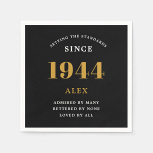 80th Birthday Name 1944 Black Gold Elegant Chic Napkin