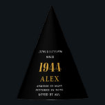 80th Birthday Name 1944 Black Gold Elegant Chic Party Hat<br><div class="desc">Born 1944 Black Gold 80th Birthday Elegant Chic Party Hat - Fully Personalised. Celebrate your milestone year in style with our Born 1944 Black Gold 80th Birthday Elegant Chic Party Hat. This beautifully designed party accessory features a luxurious black and gold theme, creating an atmosphere of elegance and sophistication for...</div>