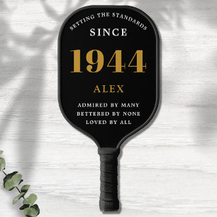 80th Birthday Name 1944 Black Gold Elegant Chic Pickleball Paddle