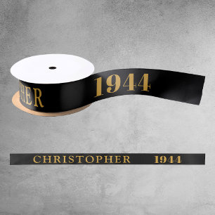 80th Birthday Name 1944 Black Gold Elegant Chic Satin Ribbon