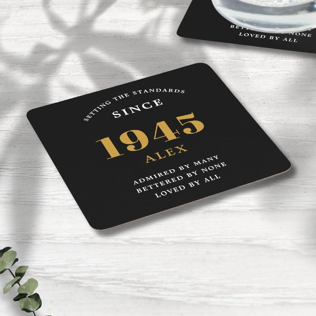 80th Birthday Name 1945 Black Gold Elegant Chic Square Paper Coaster (80th birthday personalized paper coaster)