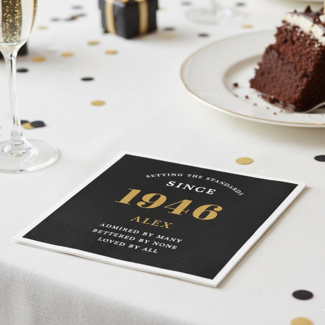 80th Birthday Name 1946 Black Gold Elegant Chic Napkin (1946 Custom napkin on a white table cloth.)