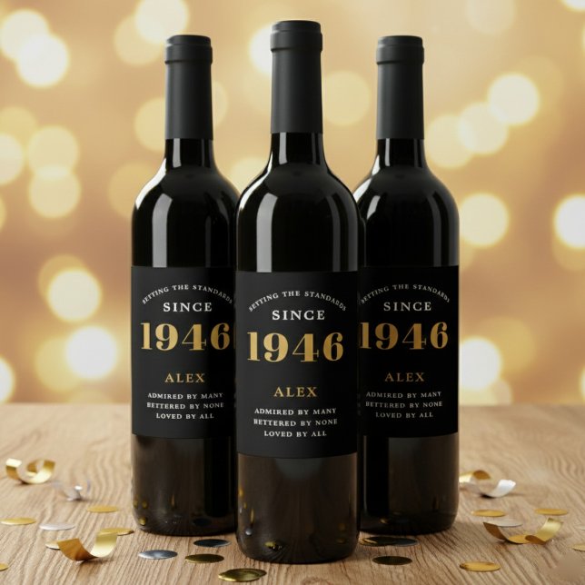 80th Birthday Name 1946 Black Gold Elegant Chic Wine Label (1946 wine bottle labels. Background out of focus.)