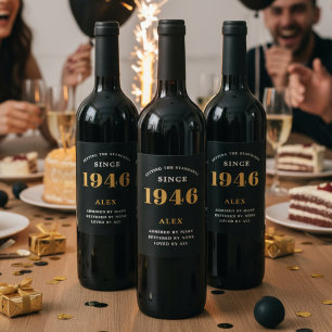 80th Birthday Name 1946 Black Gold Elegant Chic Wine Label