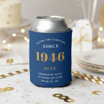 80th Birthday Name 1946 Blue Gold Elegant Chic Can Cooler<br><div class="desc">Luxurious 80th Birthday Blue and Gold Can Cooler: The perfect party companion. Our high-quality 80th Birthday Can Cooler is made to help you toast to the big milestone in style. Crafted in sleek blue and accented with gold, it brings a touch of luxury to your celebration. Not just a pretty...</div>