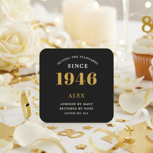 80th Birthday Name 1946 Year Black Gold Custom Square Paper Coaster