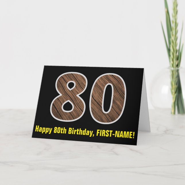80th Birthday: Name + Faux Wood Grain Pattern "80" Card (Front)