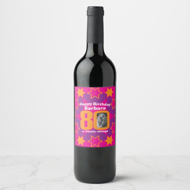 80th birthday name pink photo custom wine labels (Front)