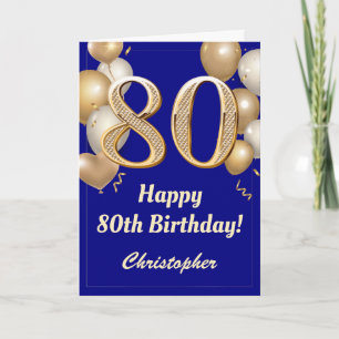 80th Birthday Navy Blue and Gold Balloons Confetti Card