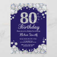 80th Birthday Navy Blue and Silver Diamond