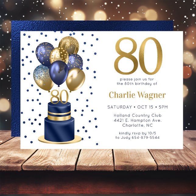 80th Birthday Navy Blue Balloon Cake Invitation (Creator Uploaded)