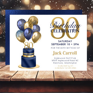 80th Birthday Navy Blue Balloon Cake Invitation