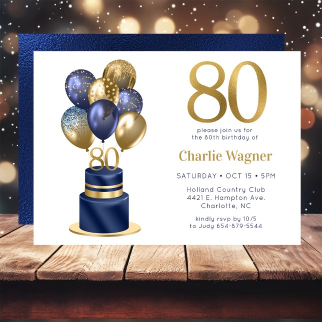 80th Birthday Navy Blue Balloon Cake Invitation (Creator Uploaded)