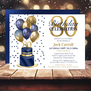 80th Birthday Navy Blue Balloon Cake Invitation