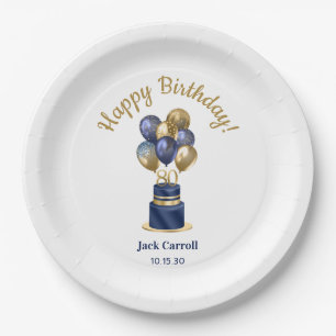 80th Birthday Navy Blue Balloon Cake Paper Plate
