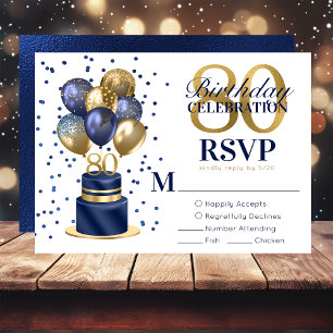 80th Birthday Navy Blue Balloon Cake RSVP Card
