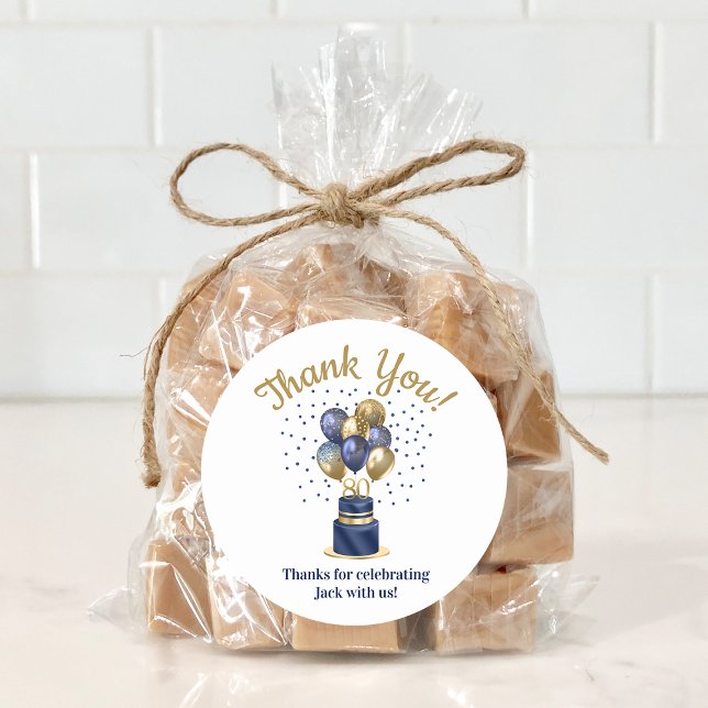 80th Birthday Navy Blue Balloon Cake Thank You Classic Round Sticker (Creator Uploaded)