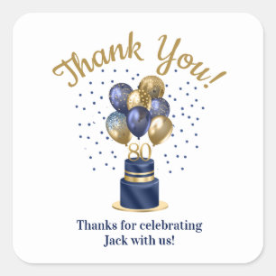 80th Birthday Navy Blue Balloon Cake Thank You Square Sticker