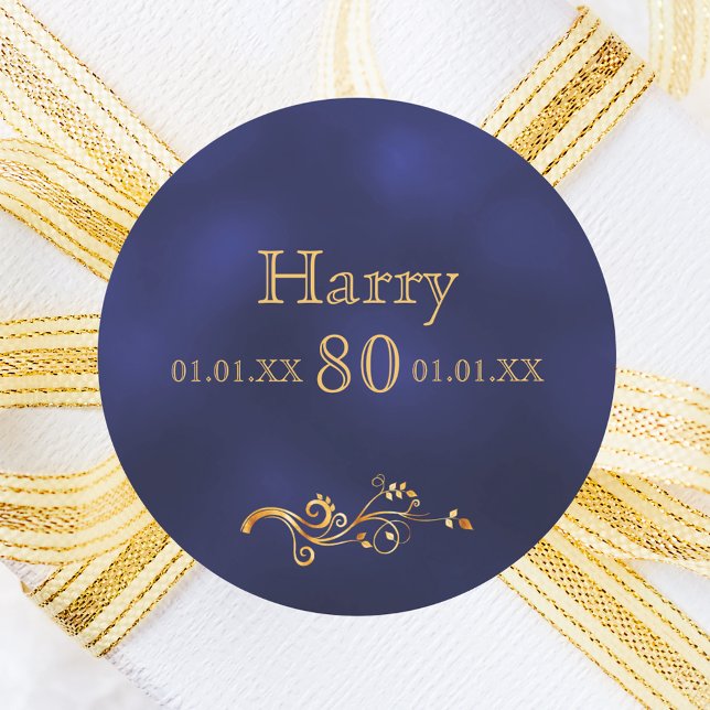 80th birthday navy blue gold name guy classic round sticker (Creator Uploaded)