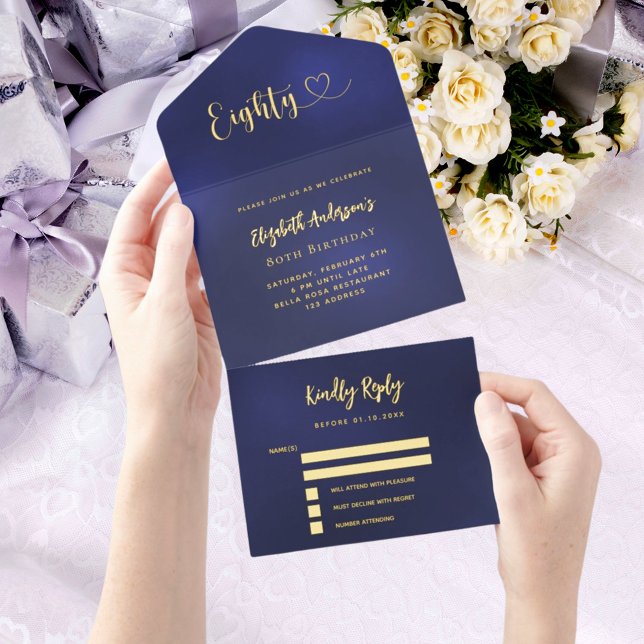 80th Birthday navy blue gold rsvp All In One Invitation (Creator Uploaded)