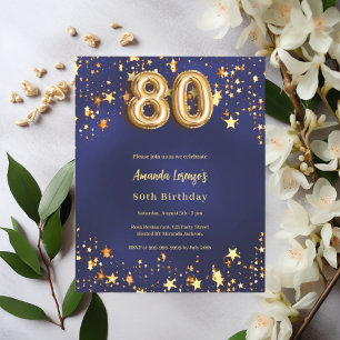 80th birthday navy blue gold stars invitation