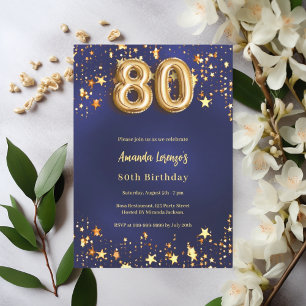 80th birthday navy blue gold stars invitation