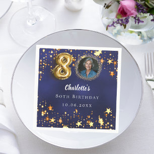 80th birthday navy blue gold stars photo napkin