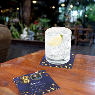 80th birthday navy blue gold stars photo square paper coaster