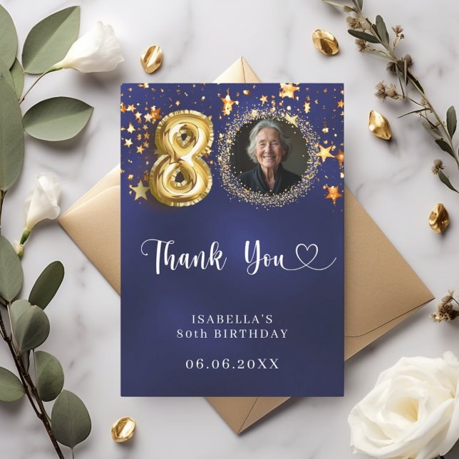 80th birthday navy blue gold stars photo thank you card (Creator Uploaded)