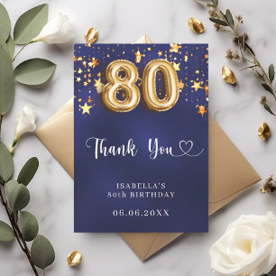 80th birthday navy blue gold stars thank you card