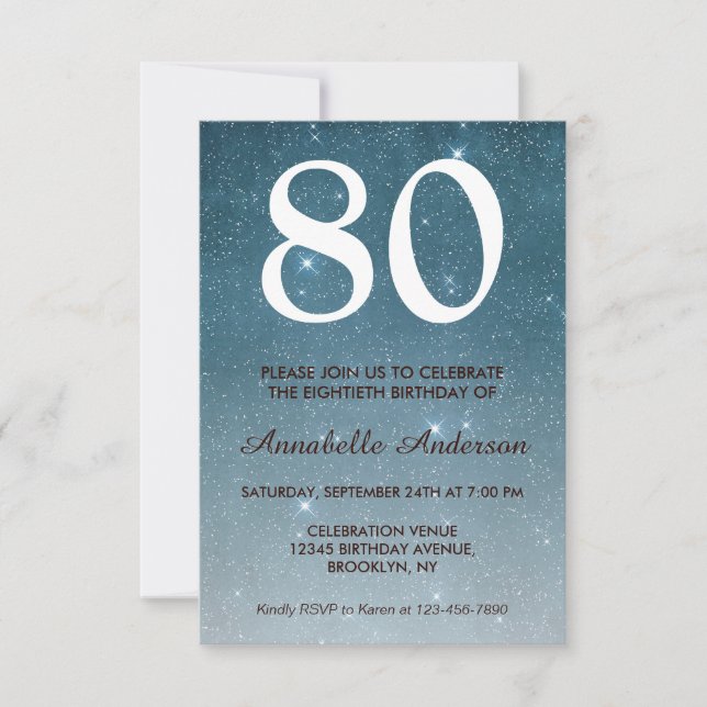 80th Birthday Navy Blue Midnight Sky Stars Glitter Invitation (Front)