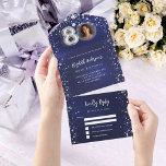 80th Birthday navy blue photo silver stars rsvp All In One Invitation<br><div class="desc">A navy blue background,  decorated with stars. The blue colour is uneven.  Personalise and add a photo,  name,  party details,  RSVP date,  return address and name.</div>