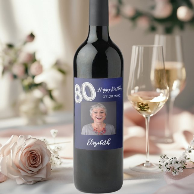 80th Birthday navy blue photo Wine Label (Creator Uploaded)