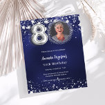 80th birthday navy blue silver photo invitation<br><div class="desc">A modern,  stylish photo invitation for a 80th birthday party.  A navy blue background,  decorated with stars. The blue colour is uneven. Personalise and add your photo and party details.  

1 sheet = 1 invitation printed edge to edge.</div>