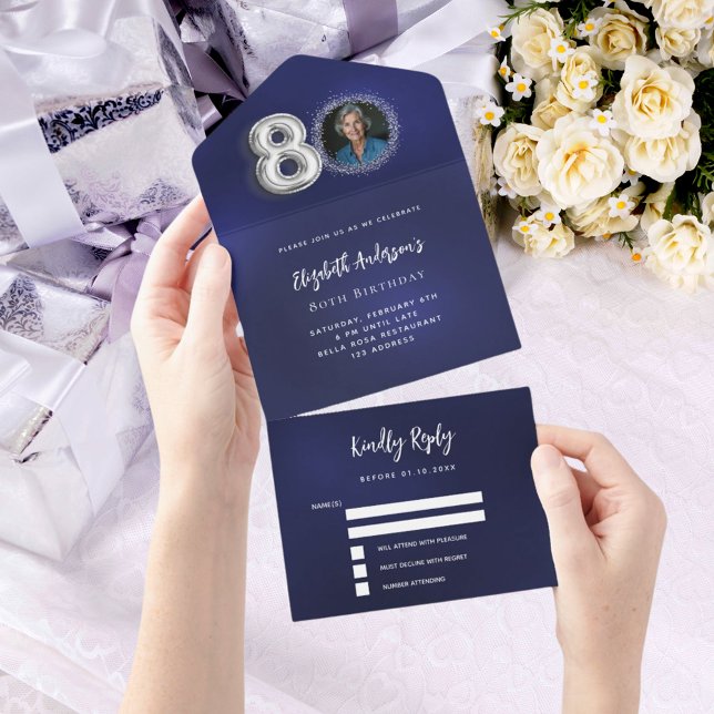 80th Birthday navy blue silver photo rsvp All In One Invitation (Creator Uploaded)