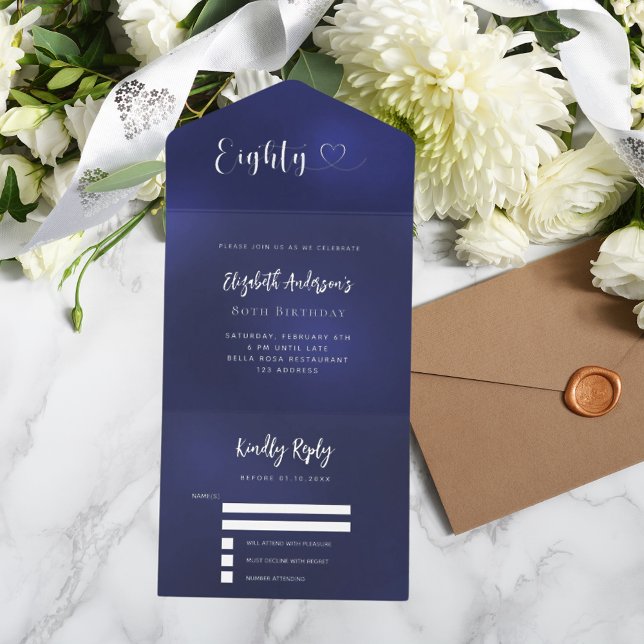 80th Birthday navy blue silver rsvp All In One Invitation (Creator Uploaded)