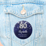80th birthday navy blue silver stars 3 cm round badge<br><div class="desc">For a 80th birthday party. A navy blue background colour with faux silver stars. The blue colour is uneven.  Add your name,  text.
Can be used as a Save the Date reminder for your guests,  party favour or as a keepsake.</div>