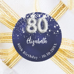 80th birthday navy blue silver stars classic round sticker<br><div class="desc">A sticker for a 80th birthday party. A navy blue background colour with faux silver stars. The blue colour is uneven.  Add your name,  text.</div>