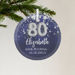80th birthday navy blue silver stars glass tree decoration<br><div class="desc">A navy blue background colour with faux silver stars. The blue colour is uneven.  Add your name,  text/date</div>